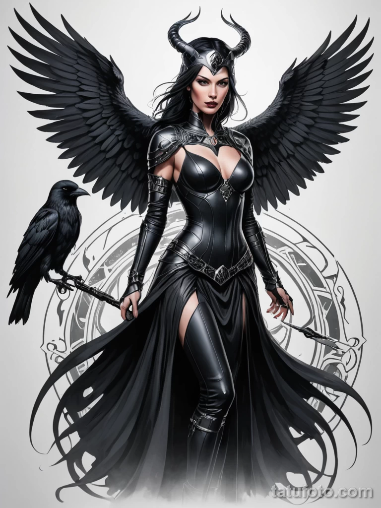 tattoo design, a beautiful Morrigan (phantom queen), her crow form is a stealth drone with sharp, metallic wings, celtic cyberpu №116 - tatufoto.com