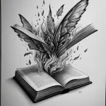Эскиз татуировки: птица, вылетающая из раскрытой книги, выполненный в технике графики с использованием черных тонов. Символизирует свободу и знания.