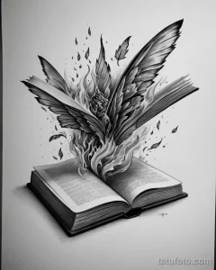 Эскиз татуировки: птица, вылетающая из раскрытой книги, выполненный в технике графики с использованием черных тонов. Символизирует свободу и знания.