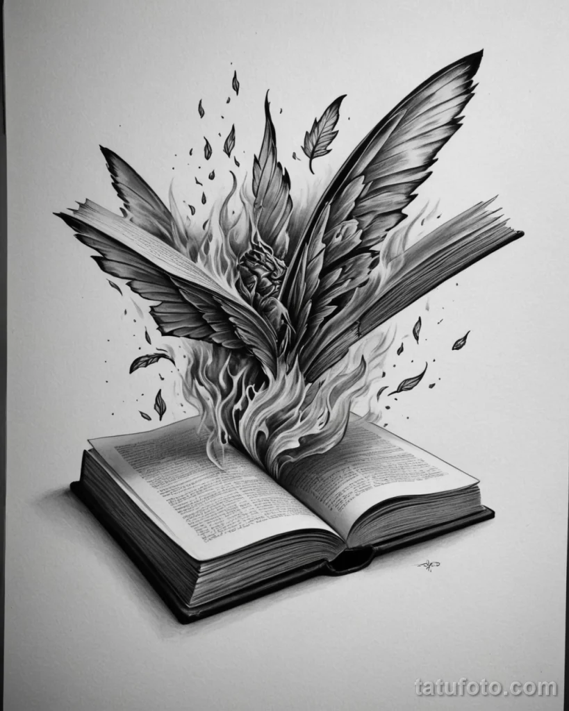 tattoo design, a burning book, its pages turning to ash and flying away like moths, black and grey №92 - tatufoto.com