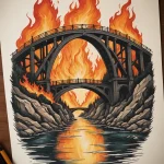 Эскиз татуировки: каменный мост, охваченный пламенем, с отражением в воде. Выполнен в реалистичной технике с использованием ярких оранжевых и серых оттенков.