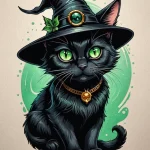 Яркий и милый эскиз татуировки, изображающий черного кота в колпаке ведьмы на фоне зеленоватого круга.