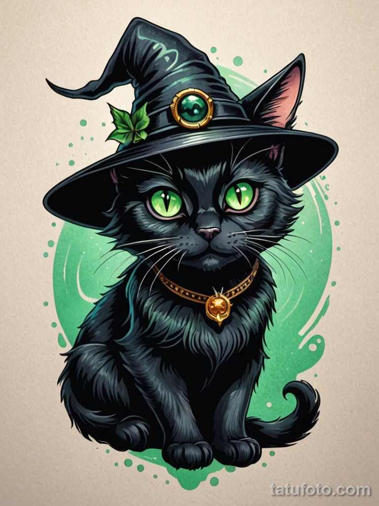 tattoo design, a classic witch's black cat, but its fur has a subtle, shimmering glitch art pattern, and its eyes are glowing gr №123 - tatufoto.com