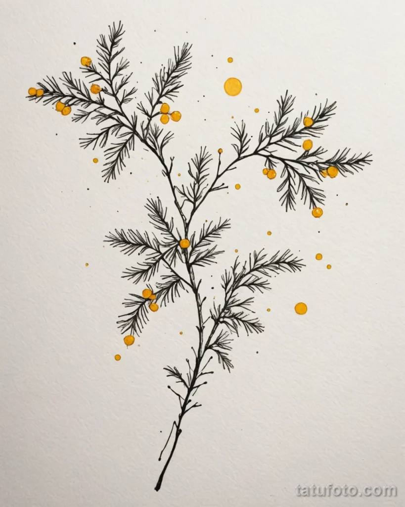 tattoo design, a constellation map where stars are connected to form a mimosa branch, white background №40 - tatufoto.com
