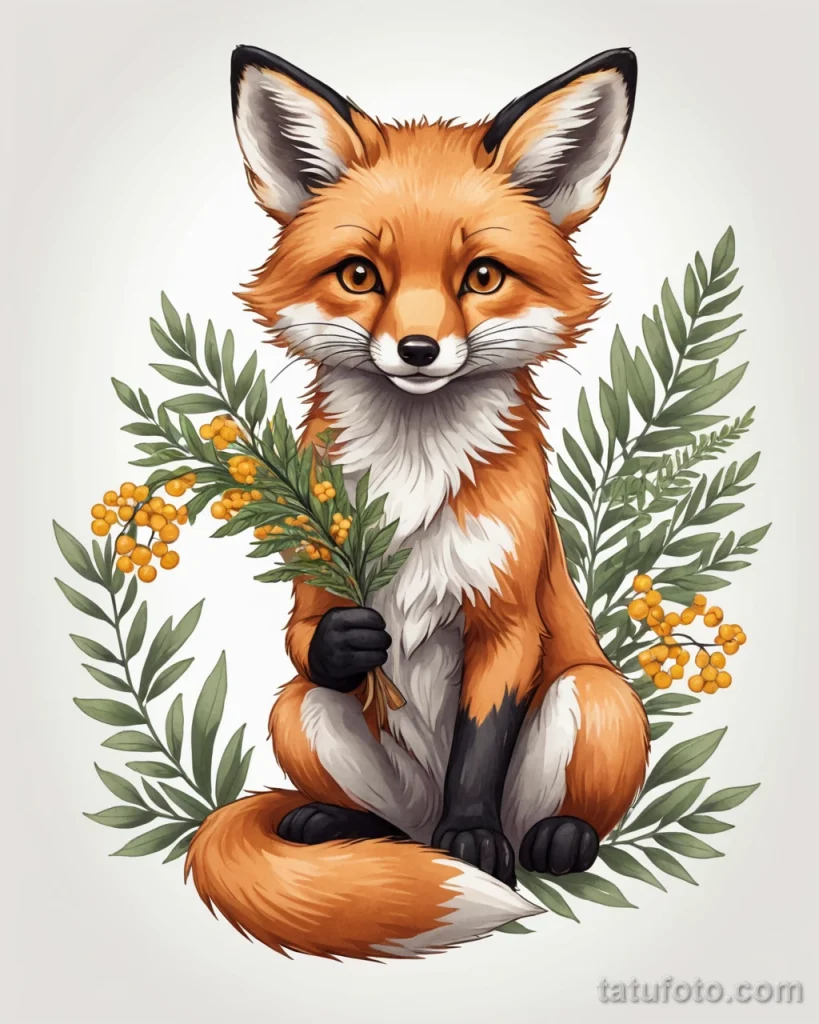 tattoo design, a cute fox holding a mimosa branch, illustrative style, white background №41 - tatufoto.com