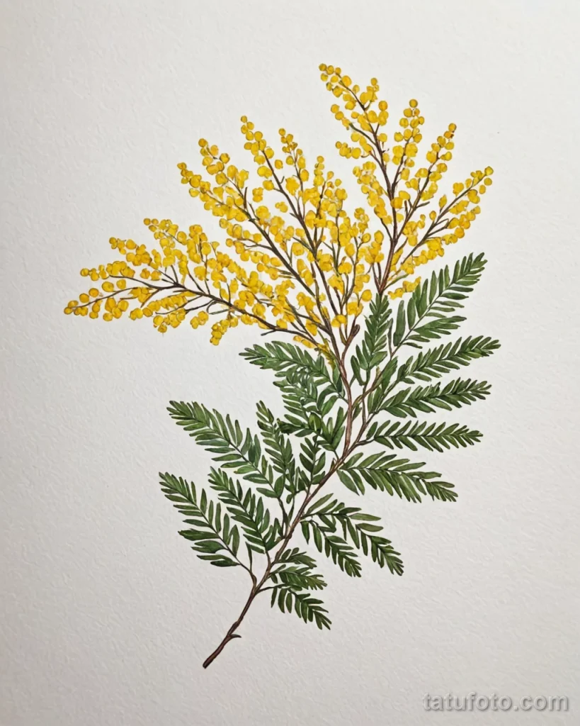 tattoo design, a delicate fan made of mimosa branches, white background №43 - tatufoto.com