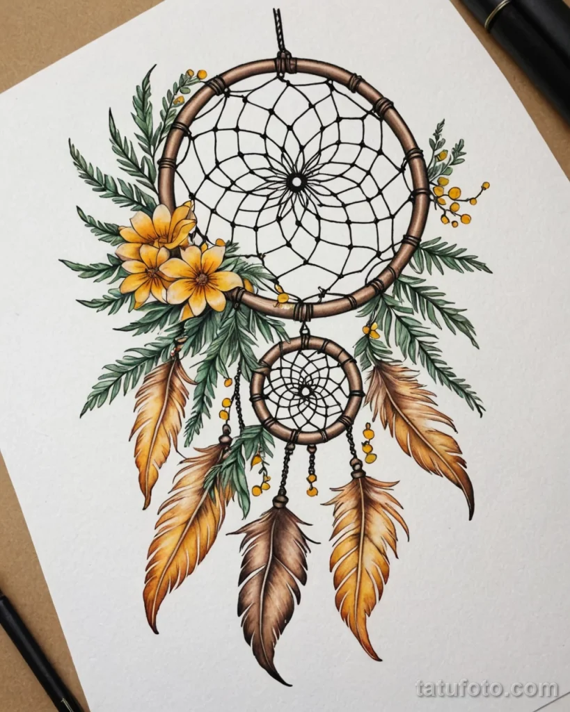 tattoo design, a dreamcatcher with mimosa flowers instead of feathers, white background №44 - tatufoto.com