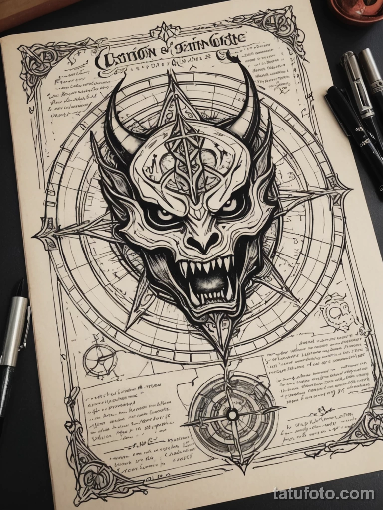 tattoo design, a grimoire, on one page is a hand drawn demon, on the other is its perfect D wireframe model with technical data №126 - tatufoto.com