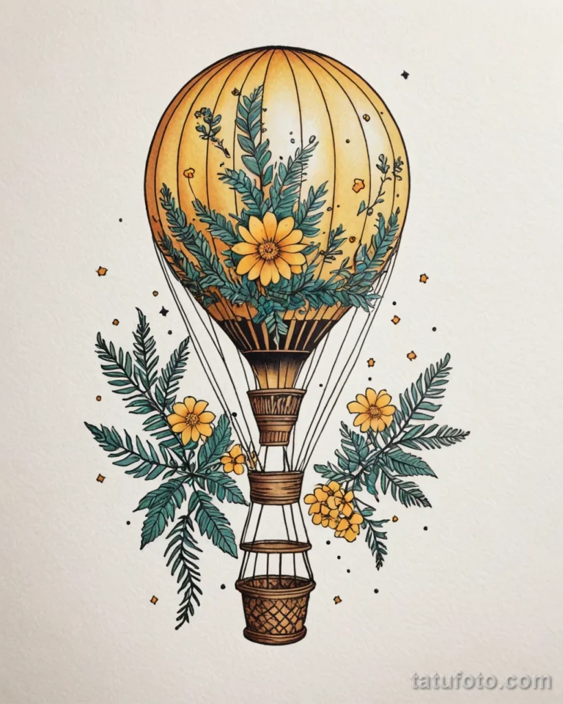 tattoo design, a hot air balloon with a mimosa flower pattern, white background №45 - tatufoto.com