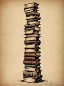 Эскиз татуировки в виде высокой стопки книг, выполненный в реалистичном стиле. Подходит для любителей чтения и знаний.
