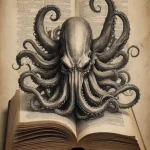 Эскиз татуировки: осьминог, вылезающий из раскрытой старинной книги, на фоне старинных страниц. Черно-белый рисунок с винтажным стилем.