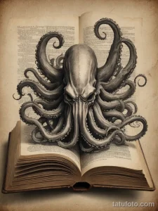 Эскиз татуировки: осьминог, вылезающий из раскрытой старинной книги, на фоне старинных страниц. Черно-белый рисунок с винтажным стилем.
