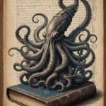 Эскиз татуировки: осьминог, обвивающий старинную книгу, на фоне старинных рукописей. Черно-белый рисунок с интеллектуальной тематикой.