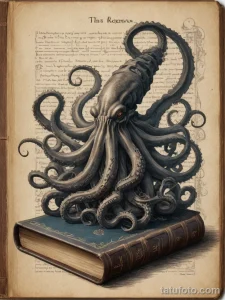 Эскиз татуировки: осьминог, обвивающий старинную книгу, на фоне старинных рукописей. Черно-белый рисунок с интеллектуальной тематикой.
