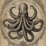 Эскиз татуировки: осьминог, изображенный на фоне старинной морской карты, окруженный декоративными элементами. Черно-белый рисунок с винтажным стилем.