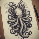 Фото тату: графичный эскиз осьминога, выполненный в стиле line art. Четкие линии и минималистичный дизайн.