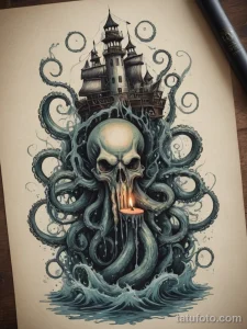 Эскиз татуировки с изображением осьминога, обвивающего маяк, освещенного свечой. Черно-белый рисунок с элементами акварели.