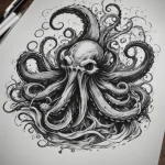 Черно-белый эскиз татуировки с изображением осьминога, обвивающего череп. Подходит для любителей готики и морской тематики.
