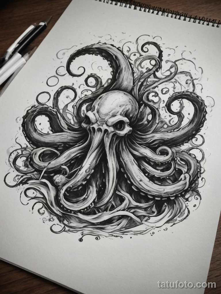 tattoo design, a kraken whose tentacles are the pages of a calendar, being ripped away by a chaotic wind, symbolizing the terrif №191 - tatufoto.com