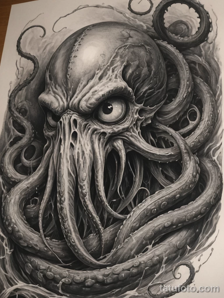 tattoo design, a kraken whose tentacles are wrapped around a giant, weeping human eye, squeezing it until it cries a river, surr №197 - tatufoto.com