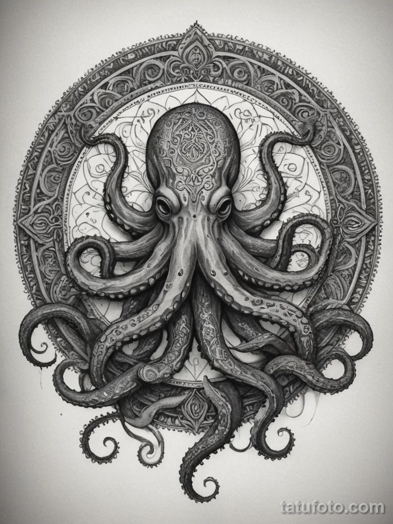 tattoo design, a kraken whose tentacles form an intricate, beautiful mandala, dotwork, blackwork №198 - tatufoto.com
