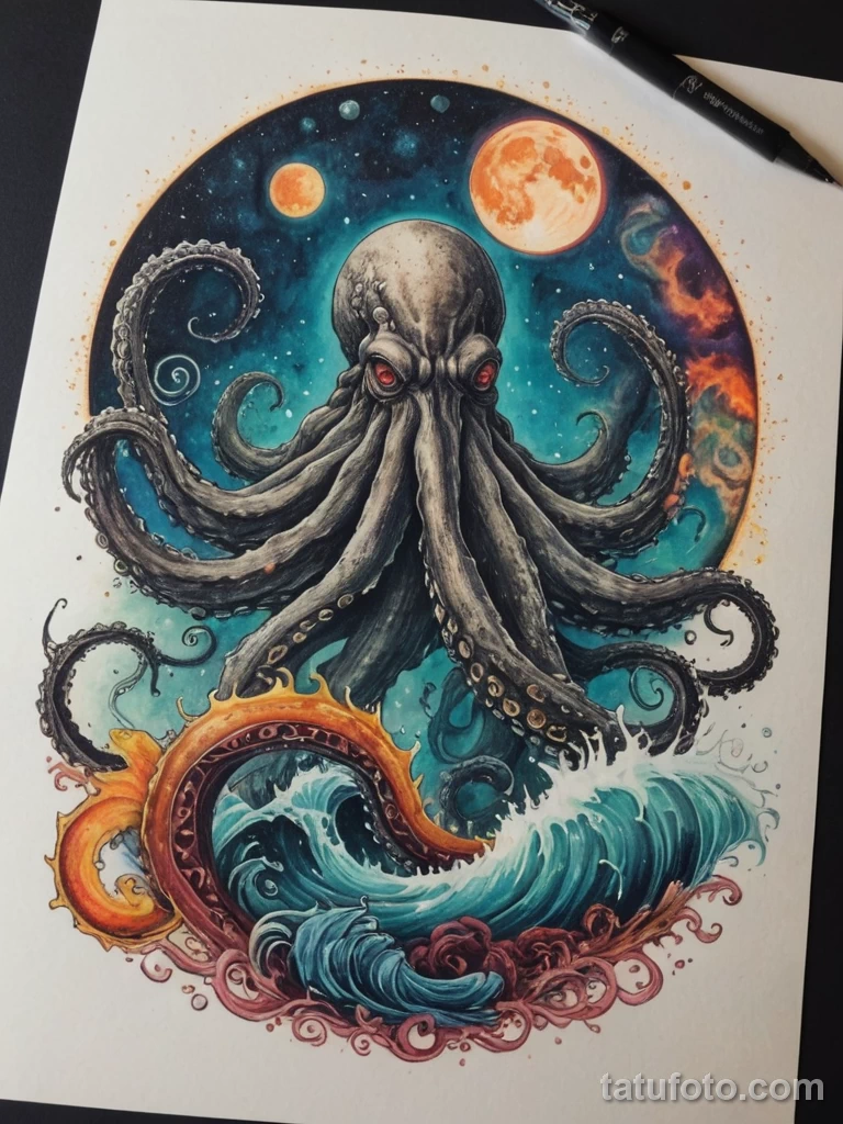 tattoo design, a majestic kraken whose mantle is a giant, glowing full moon with detailed craters, its tentacles are streams of №200 - tatufoto.com