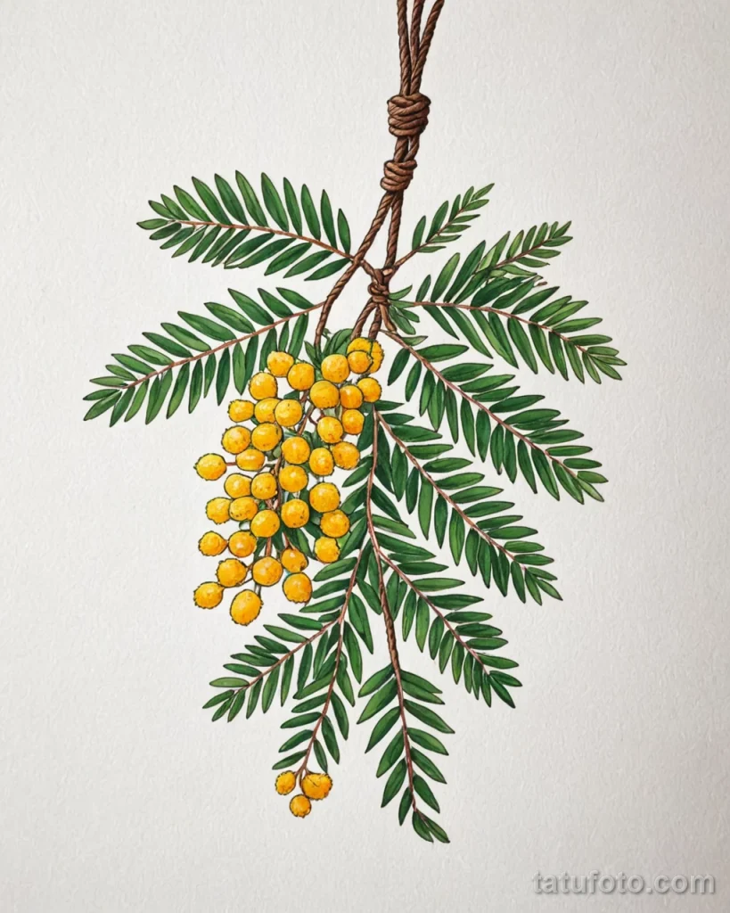 tattoo design, a mimosa branch tied with a rope knot, symbol of bond, white background №48 - tatufoto.com