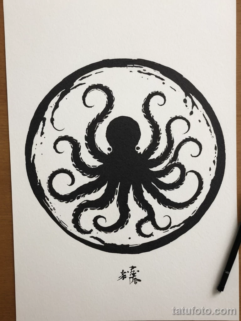 tattoo design, a minimalist kraken, its form suggested by a single, powerful, continuous black ink brush stroke in the Japanese №202 - tatufoto.com