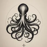 Черно-белый эскиз татуировки осьминога, заключенного в круг. Изящные линии и минималистичный дизайн.
