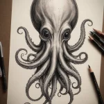 Черно-белый эскиз татуировки осьминога, выполненный карандашом. Детализированные щупальца и реалистичная текстура кожи.