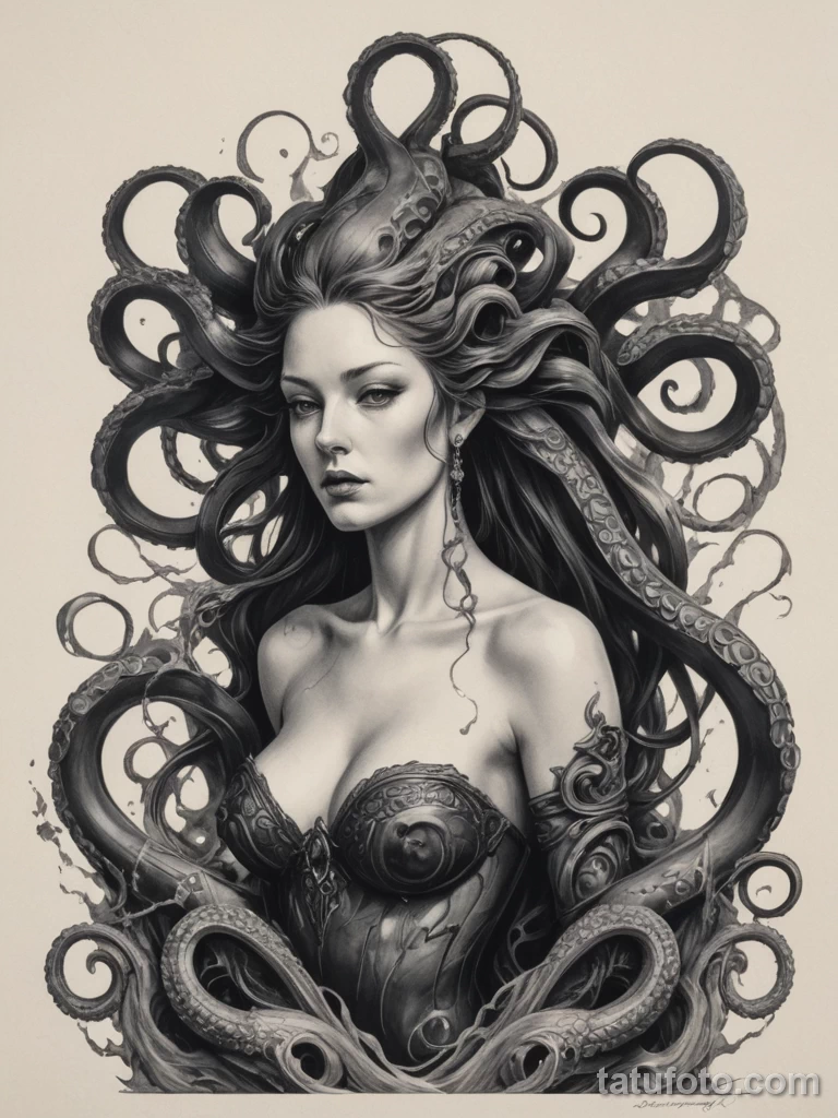 tattoo design, a monstrous squid whose tentacles are beautifully rendered, sharp, obsidian shards, piercing a classical marble s №207 - tatufoto.com