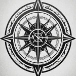 Эскиз татуировки компаса в стиле минимализм, с четкими линиями и геометрическими формами. Символизирует направление, защиту и поиск своего пути.