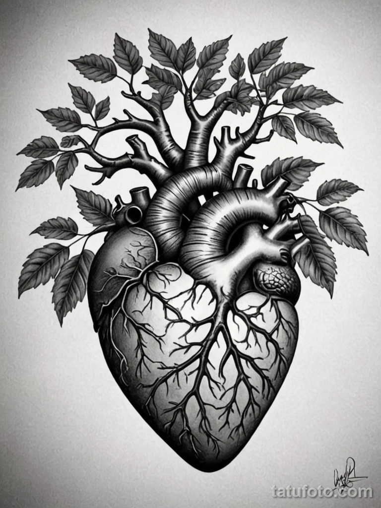 tattoo design, a realistic anatomical heart, with the roots of a great oak tree growing from it, symbolizing family roots and st №49 - tatufoto.com