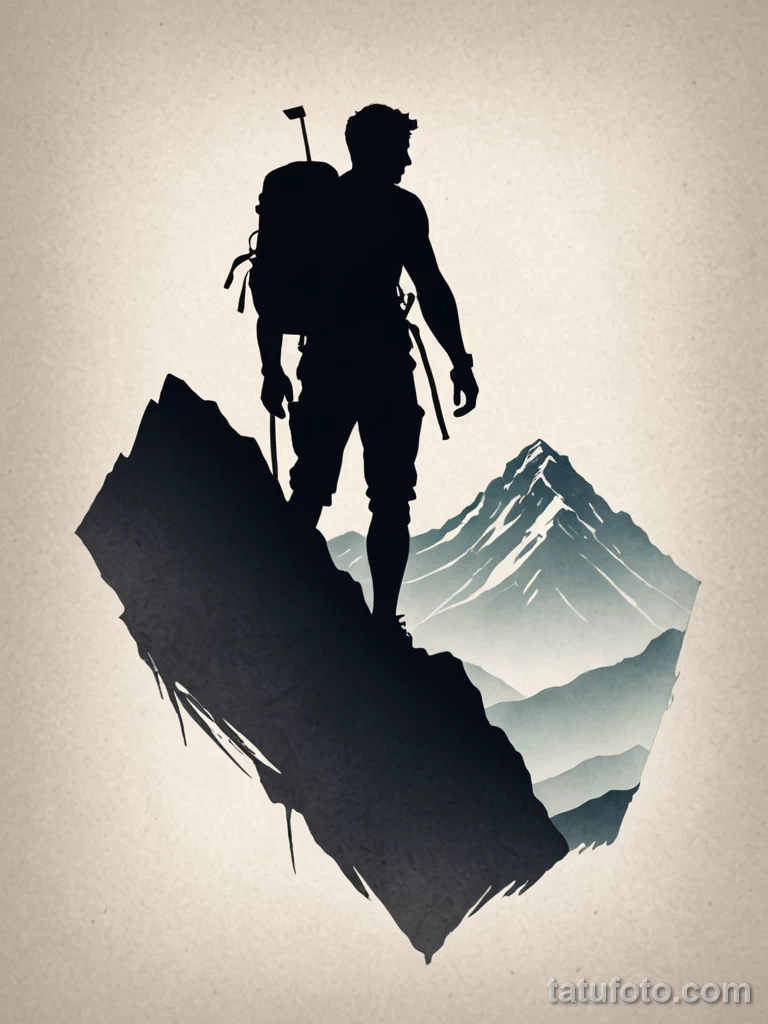 tattoo design, a rock climber's silhouette against a mountain peak, minimalist, adventure №50 - tatufoto.com