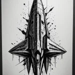 Эскиз татуировки в стиле графика, изображающий современный истребитель с острыми углами и детализированной прорисовкой. Идеально для поклонников авиации и минимализма.