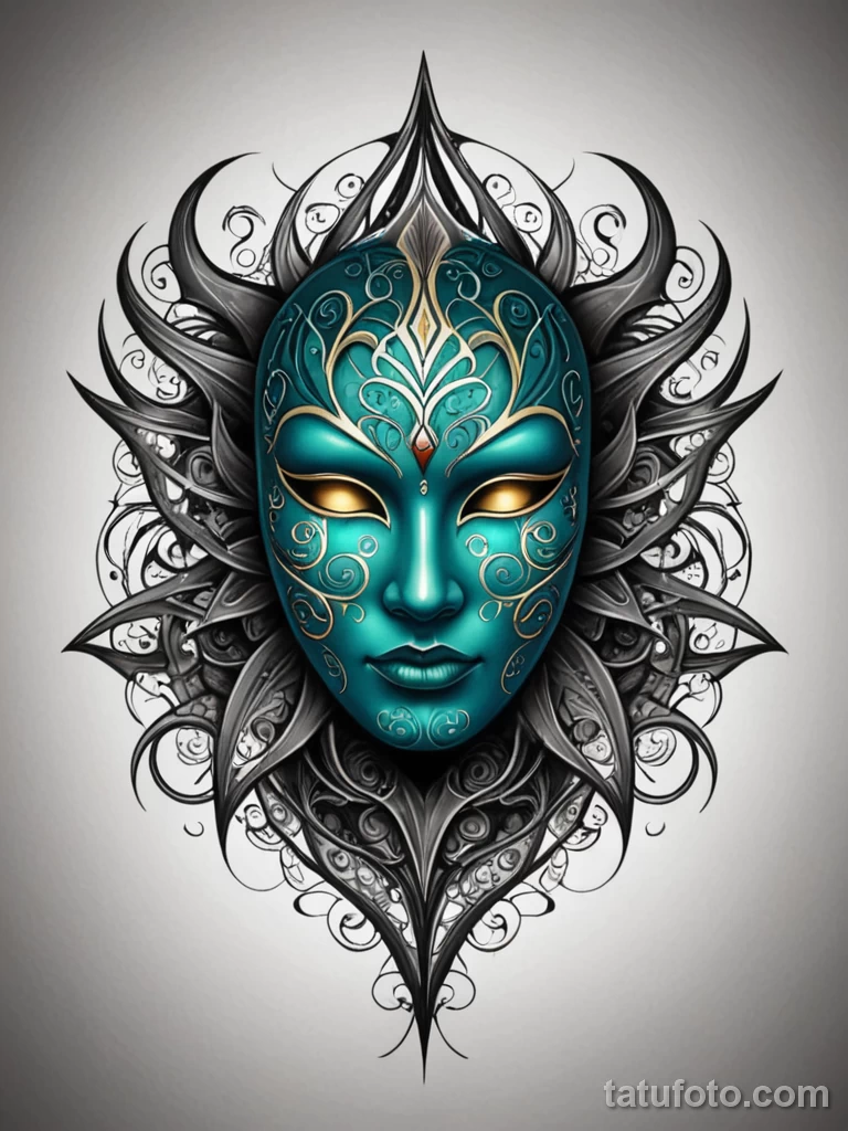 tattoo design, a sigil for authentic self expression, a mask, cracking to reveal a beautiful, glowing, unique fractal pattern un №150 - tatufoto.com