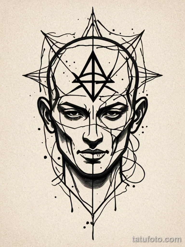 tattoo design, a sigil for mental clarity, a human head silhouette, with a chaotic scribble inside being deleted by a clean, r №161 - tatufoto.com