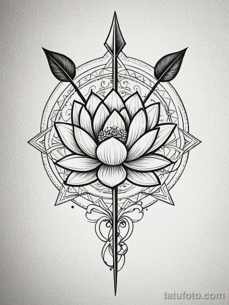 tattoo design, a single, strong arrow, wrapped in the delicate stems of a lotus flower, symbolizing focus and purity of intent, №53 - tatufoto.com