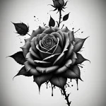 Фото тату: изящная черно-белая роза с каплями, выполненная в реалистичном стиле, с брызгами краски.