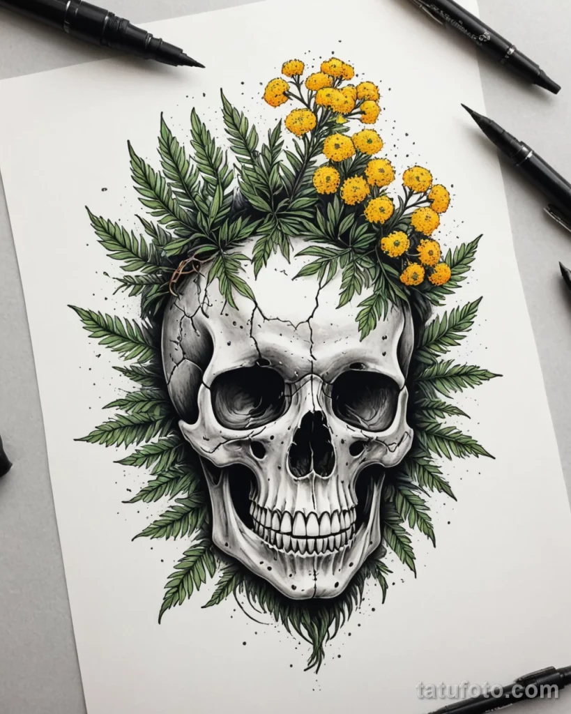 tattoo design, a skull with mimosa growing from its eye sockets, white background №51 - tatufoto.com