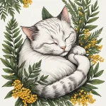 Фотография милой татуировки с изображением спящего белого кота, окруженного ветвями цветущей мимозы. Идеально для любителей кошек и нежных цветочных мотивов.