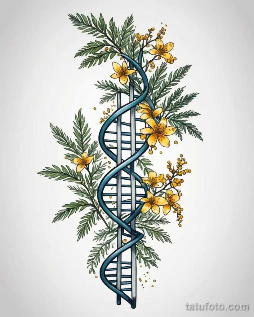 tattoo design, a stylized DNA helix intertwined with a mimosa branch, white background №55 - tatufoto.com
