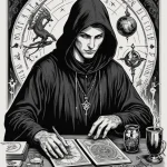tattoo design, a tarot card, The Magician , but he is a hooded hacker at a desk, his tools are a laptop, a smartphone, a drone, №171 - tatufoto.com