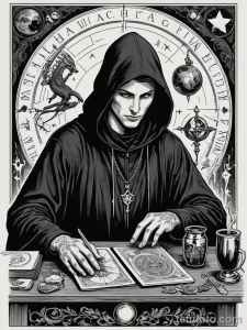 tattoo design, a tarot card, The Magician , but he is a hooded hacker at a desk, his tools are a laptop, a smartphone, a drone, №171 - tatufoto.com