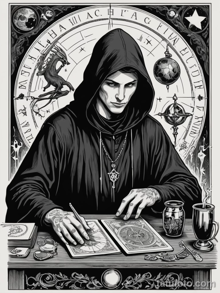 tattoo design, a tarot card, The Magician , but he is a hooded hacker at a desk, his tools are a laptop, a smartphone, a drone, №171 - tatufoto.com
