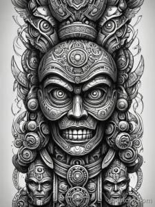 tattoo design, a totem pole, its carved faces are a classic alien, a robot, and a cyborg, a totem for our new gods №172 - tatufoto.com