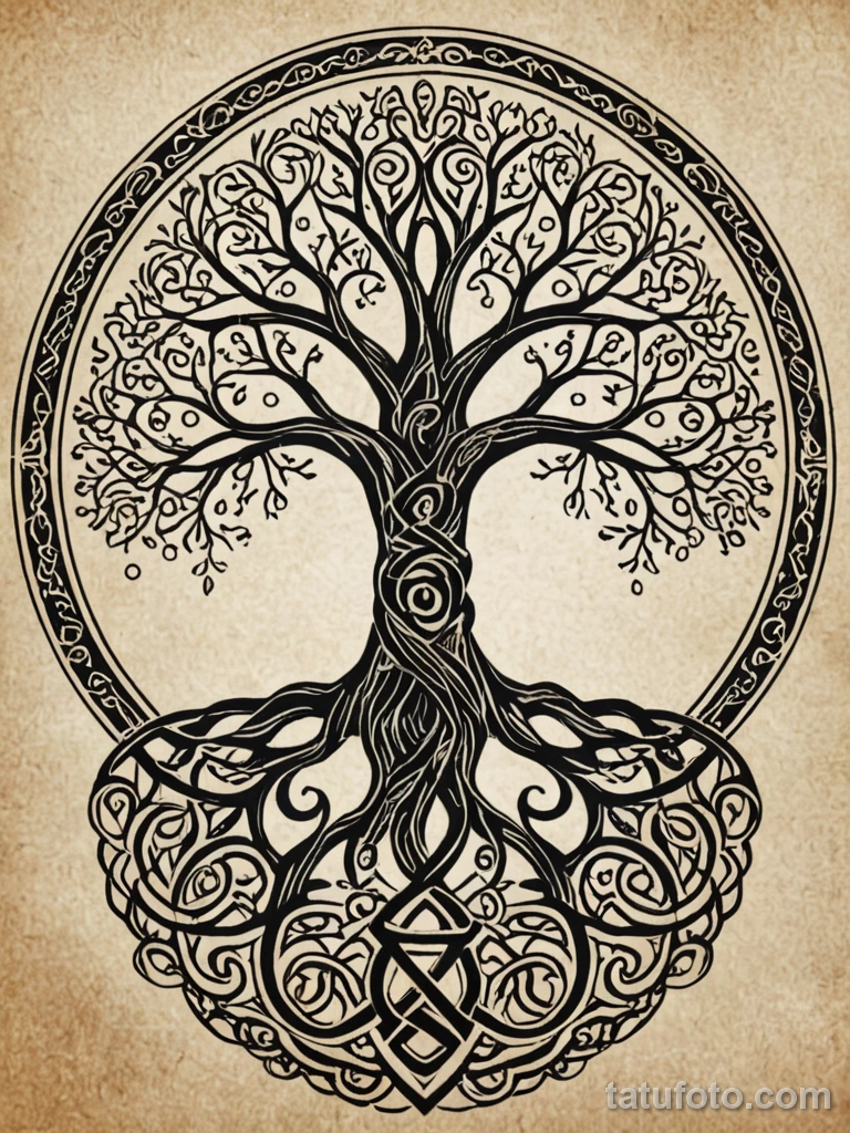 tattoo design, a tree of life, its branches are filled with constellations, its roots are a Celtic knot, symbolizing family, des №56 - tatufoto.com