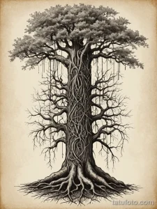 tattoo design, a tree's root system, but it is plugging into a giant, buried server rack, drawing data from the earth, bio tech №173 - tatufoto.com