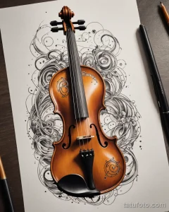 Фото тату эскиз скрипки, выполненный в стиле doodle art с черными узорами на белом фоне. Детализированный рисунок музыкального инструмента.