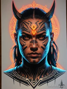 tattoo design, a warrior's face with tribal markings, but the markings are glowing, neon lines of light, cyberpunk, tribal №175 - tatufoto.com